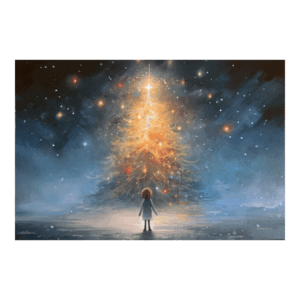 The image from the front of the Steps Christmas Card showing a child gazing up at a magnificent Christmas Tree. Hand drawn by profession artist Darren Murrell